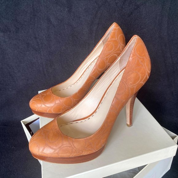 size 7.5 heels Coach C logo A3074 Basil veg leather whiskey platform high cognac - Picture 2 of 10